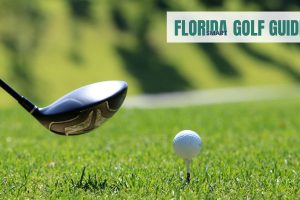 A close-up of a golf club poised to strike a golf ball on a tee in a sunny green setting with a Florida Golf Guide logo in the corner.