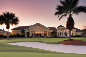 A beautifully designed golf course clubhouse surrounded by lush greenery and palm trees, set against a stunning sunset sky.